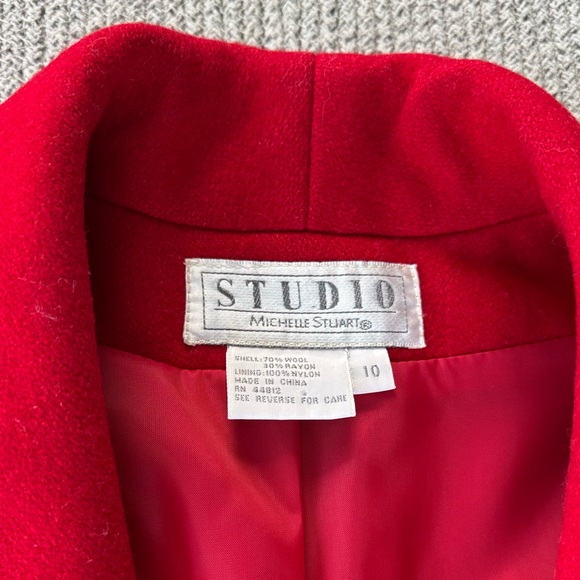 Vintage Michelle Stuart Cardinal Red Double Breast Shawl Collar Wool Trench Coat - Picture 6 of 16